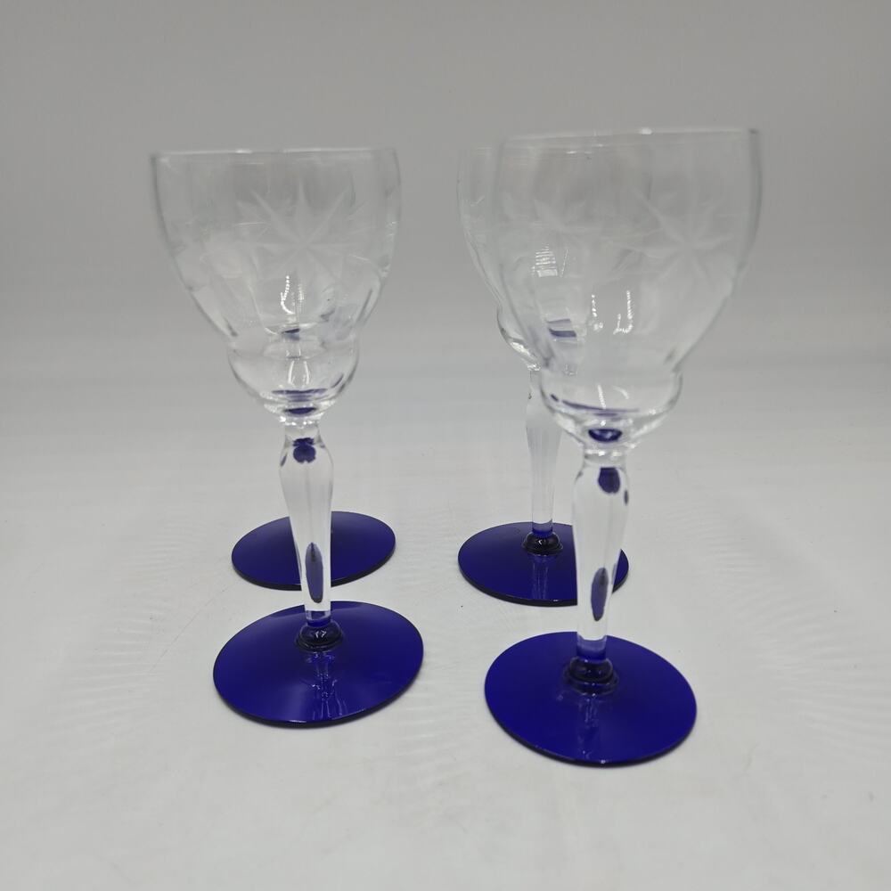 Weston Wine Glasses 3 oz Cobalt Blue Foot Crystal Etched Floral 1930’s Set Of 4